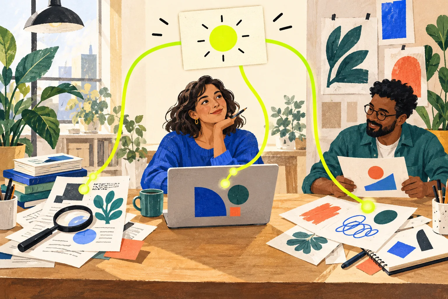Editorial illustration of a central marketing goal connecting research, creative work, tools, and human decisions.