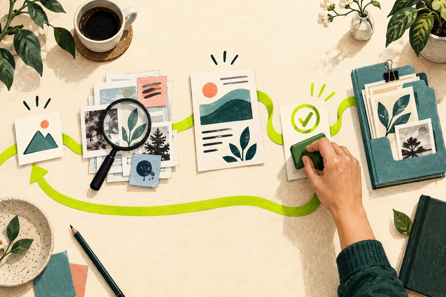 Editorial illustration of connected stages in a marketing workflow, from a goal and research to review and learning.