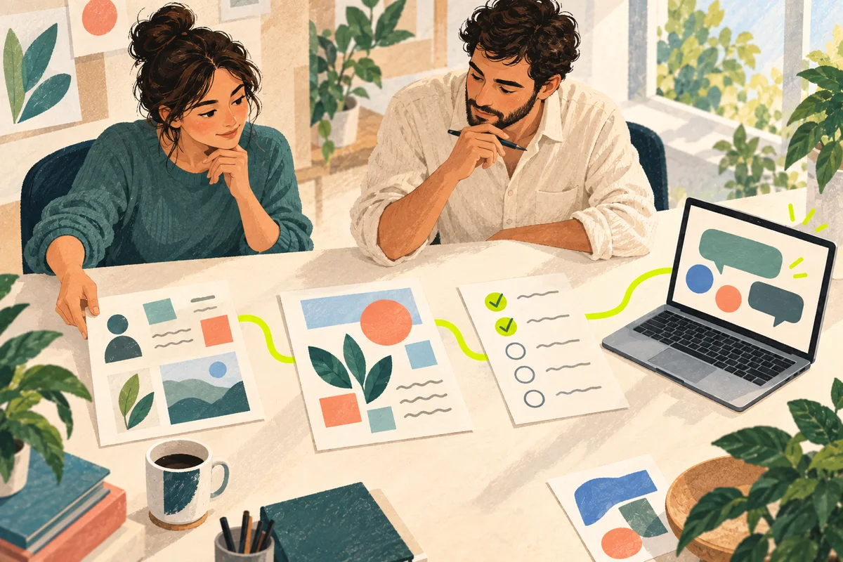 A business owner and implementation partner connect research, a content draft, and a review checklist into one marketing workflow.