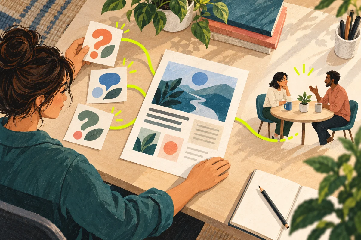 An editor connects buyer questions to a useful article, with an unfinished chartreuse path toward a conversation between two people.
