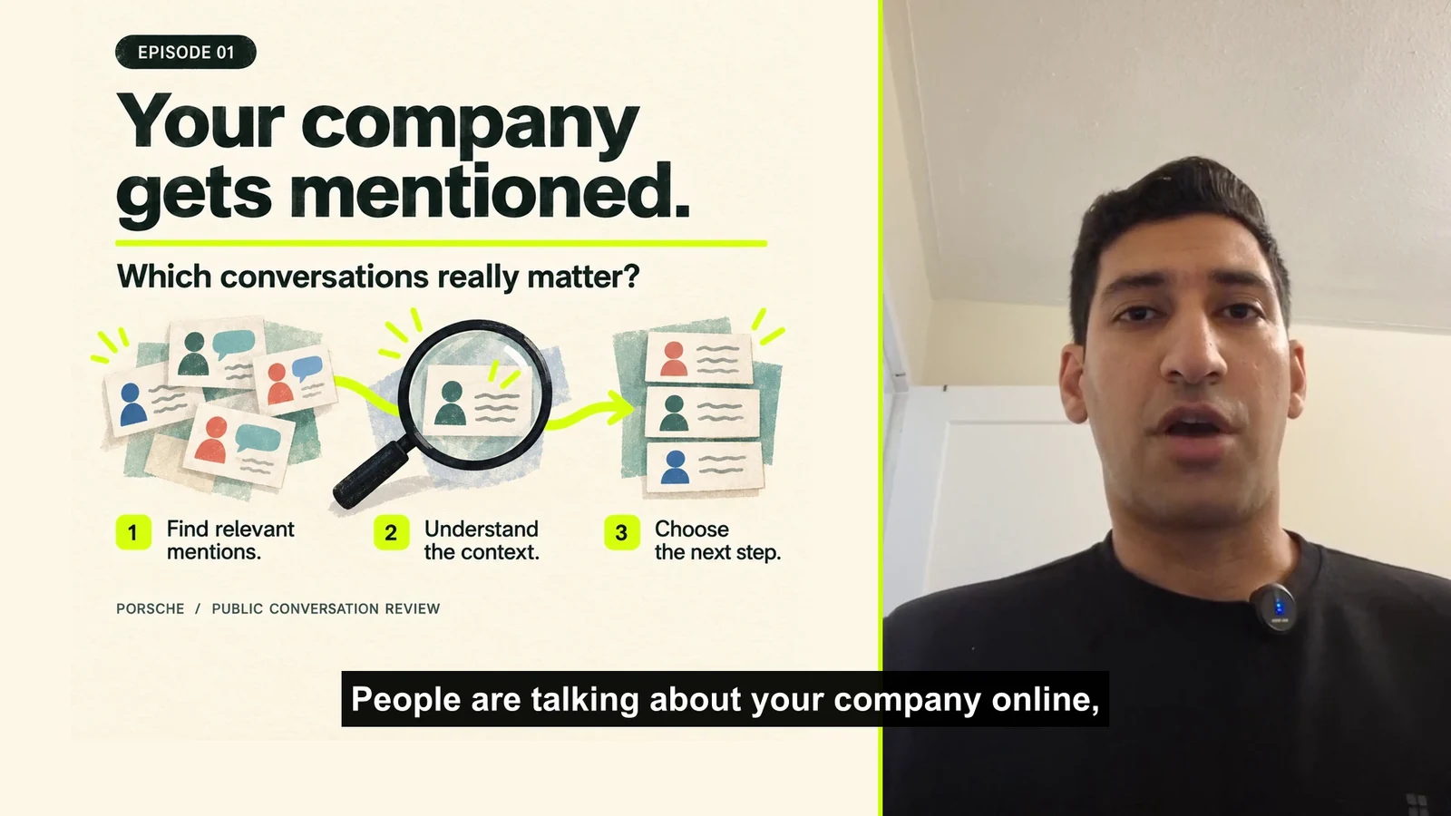 Episode 1: Your company gets mentioned. Taploop demo with the presenter and illustrated workflow.