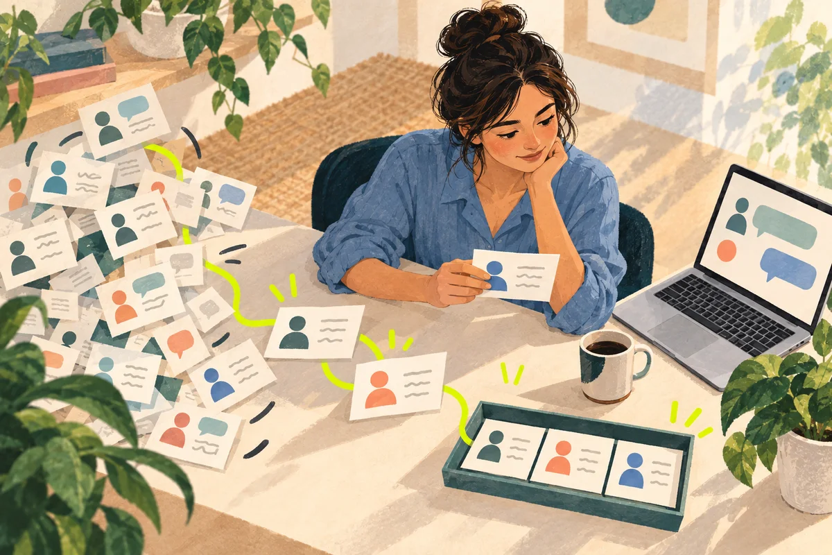A founder follows a chartreuse thread through scattered conversation cards to a small, considered shortlist.