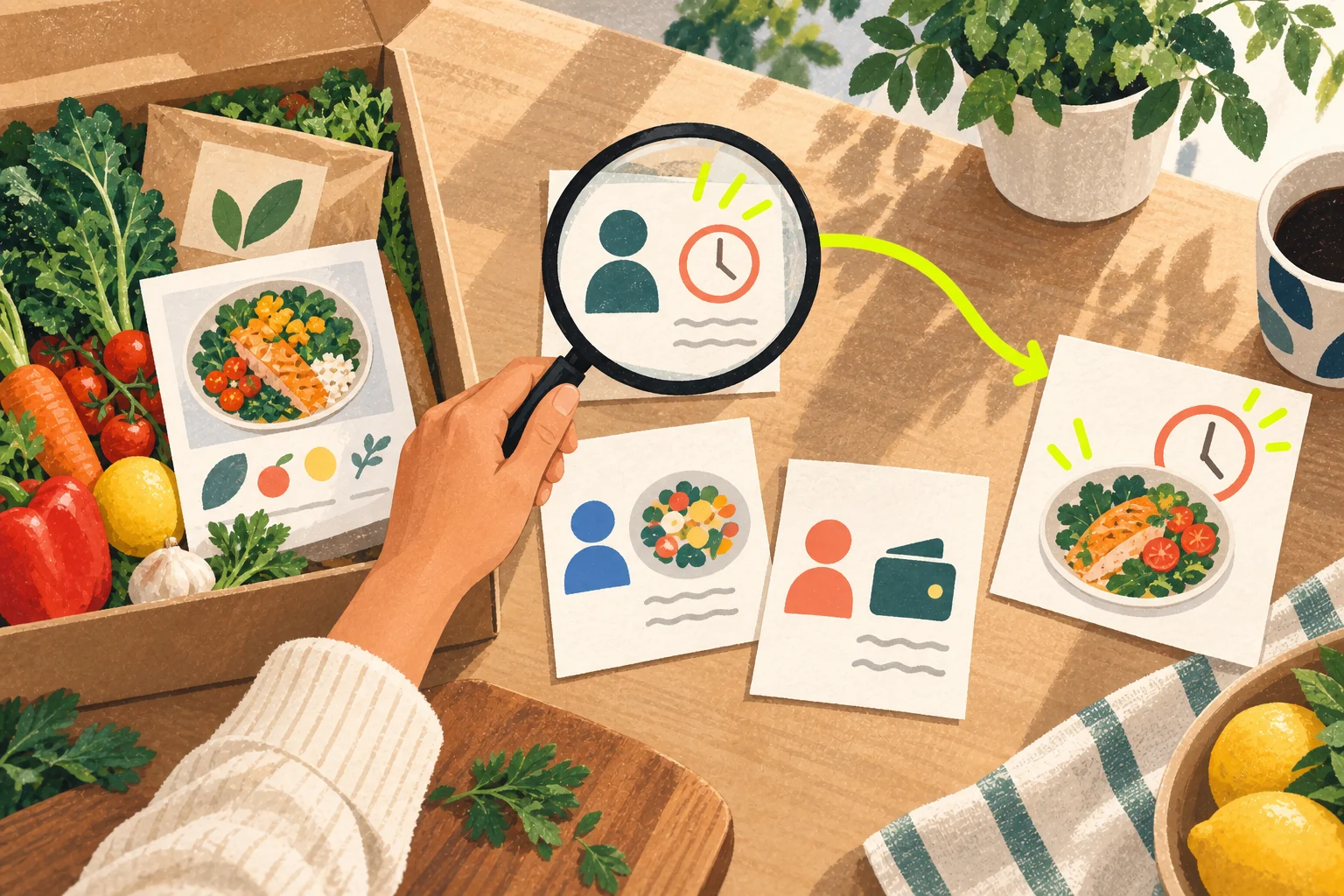 A hand examines customer research beside a meal-kit box, connecting a need for convenience to a message idea.