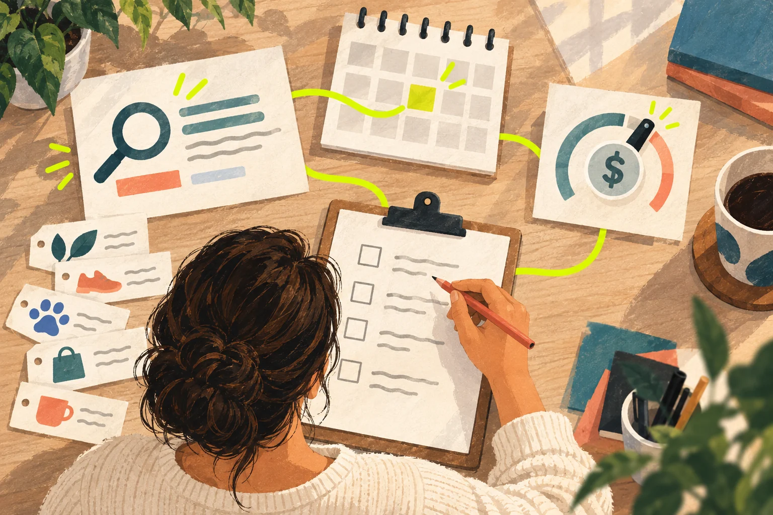 A marketer reviews a search-ad draft, keyword cards, campaign dates, and a budget limit on a clipboard.