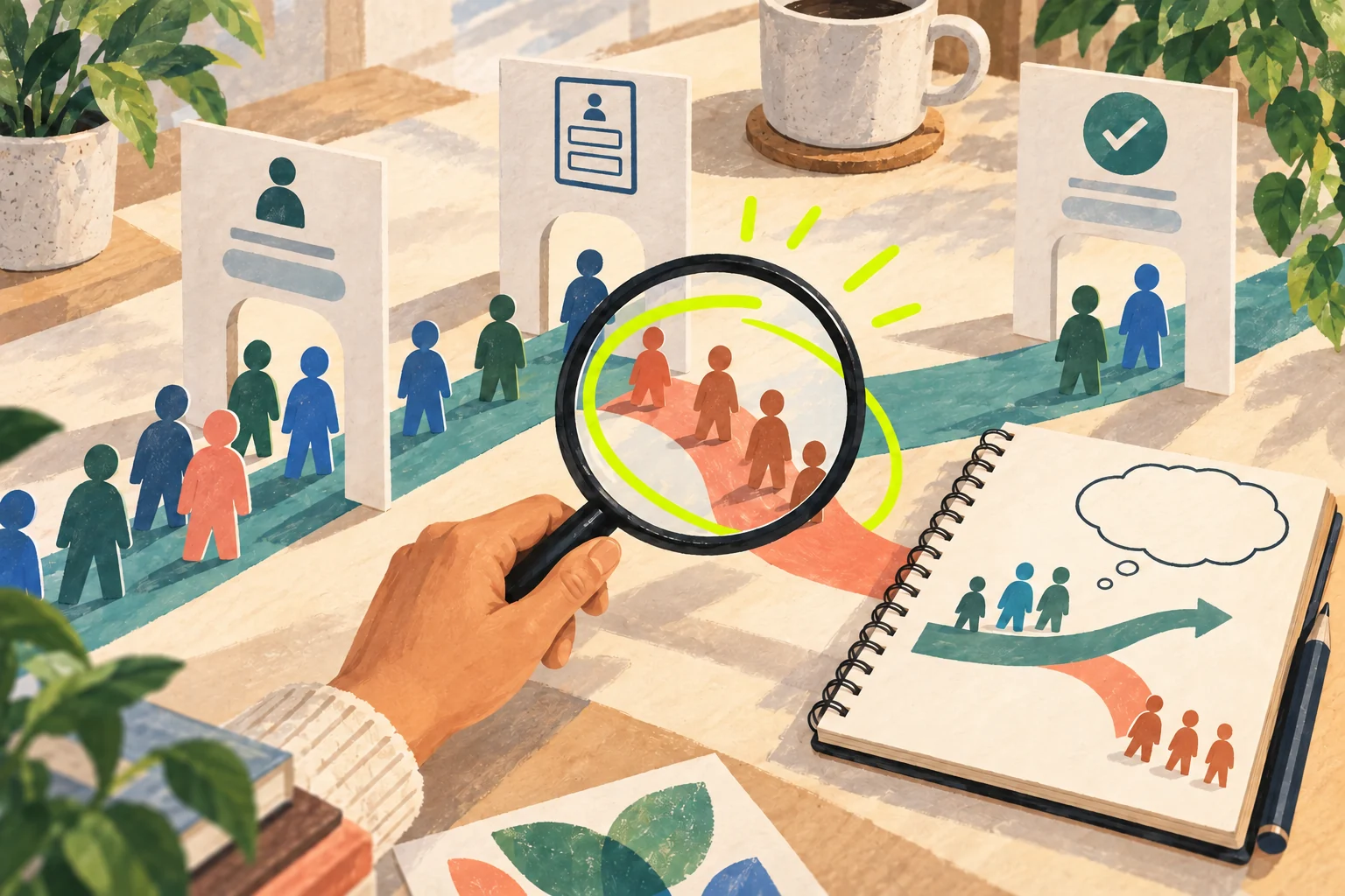 A magnifying glass examines visitors leaving a three-stage signup journey, with the branch recorded in a notebook.