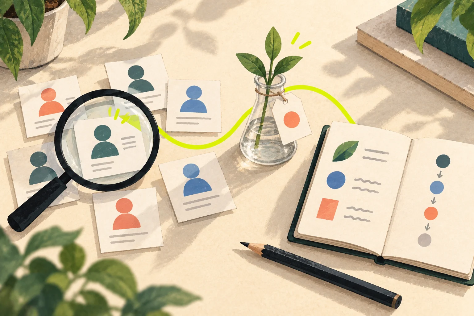 A paper research workbench with a magnifying glass, experiment cards, and a growing plant.